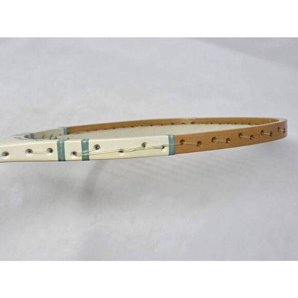 VINTAGE KAWASAKI SS-1100 TENNIS RACKET RACQUET CREAM BLUE WOODEN STANDARD 28" - Picture 7 of 9